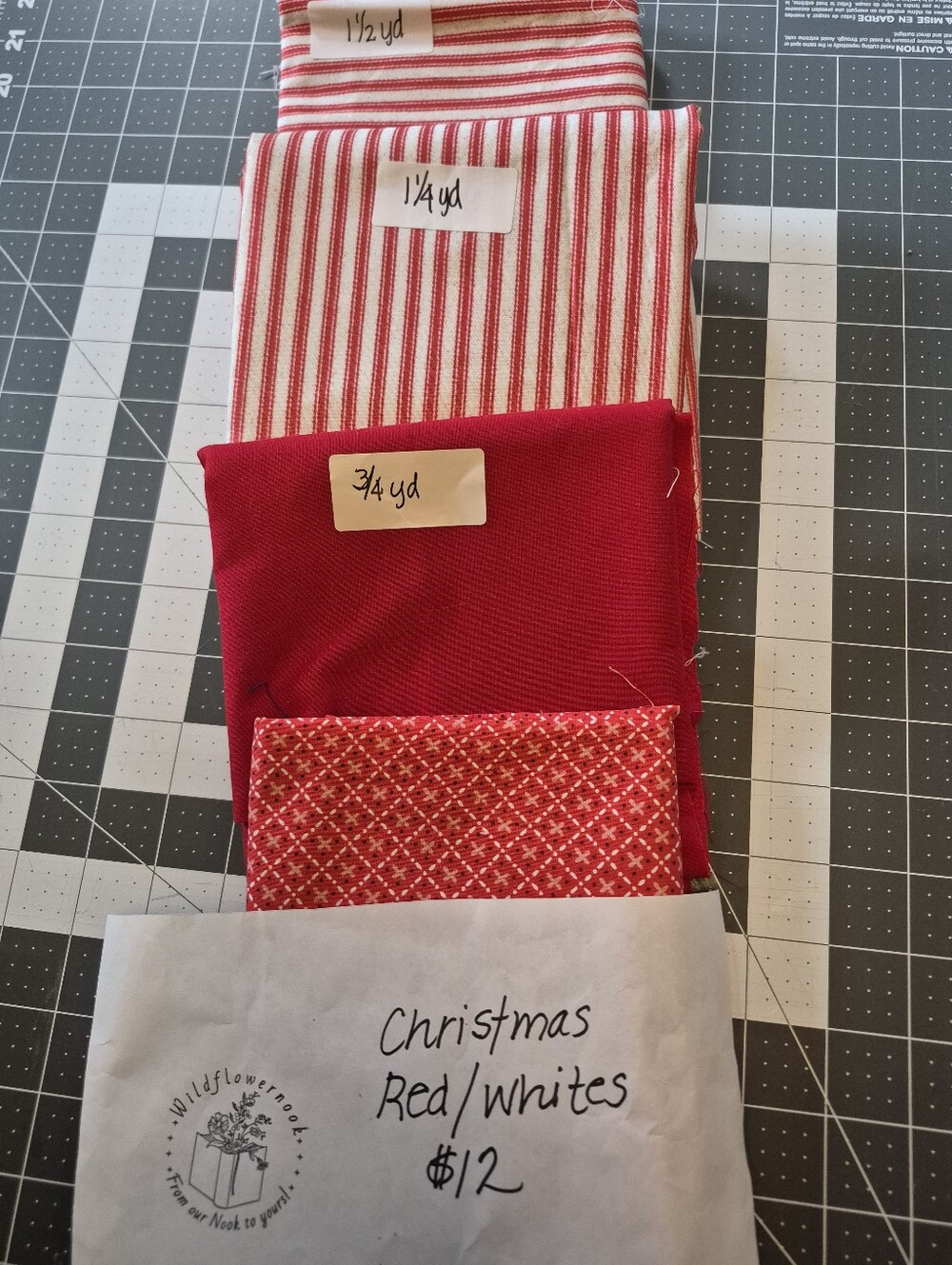 Red and White Christmas Fabric Bundle - Assorted Holiday Stripes & Solids